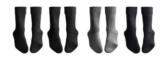 six pairs of socks laid out on a transparent background the socks are black. gray. and white they are all crew socks and are folded