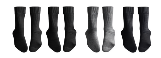 six pairs of socks laid out on a transparent background the socks are black. gray. and white they are all crew socks and are folded