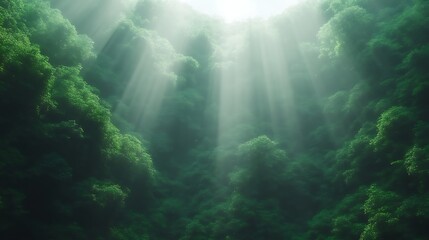 Obraz premium Sunbeams Illuminate Lush Green Forest Canopy