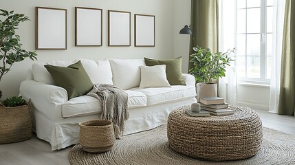 Cozy living room interior with white sofa, green accents, and natural textures.