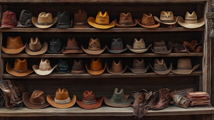 Cowboy Hats and Boots Displayed on Wooden Shelf at Western Market. AI generated illustration