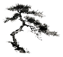 A Chinese brushstroke illustration of a A bonsai tree growing atop a rugged rock PNG © imwarehouse