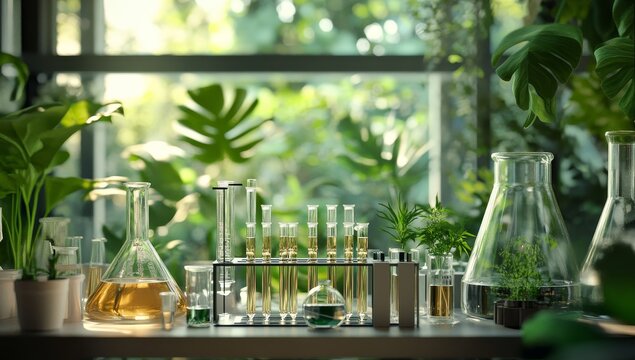 Green plant research lab with test tubes, beakers, and flasks.