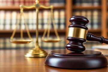 Wooden gavel with golden band on a table, balance scales in focus, books in the background, warm tones, symbolizing justice and law concepts. Ai generative