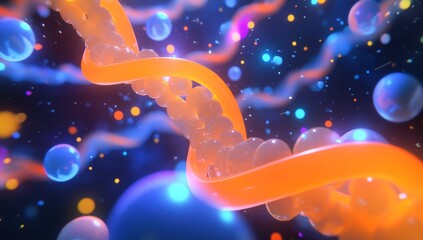 Abstract DNA helix with glowing particles.