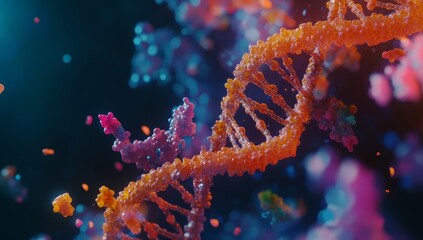 Fototapeta premium Vivid 3D rendering of DNA strand with colorful particles.