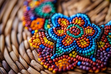 Vibrant Beaded Necklace on Wicker with Intricate Mexican Design. AI generated illustration