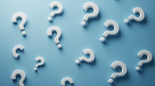 Multiple question marks floating on a gradient blue background, symbolizing curiosity, inquiry, and problem-solving