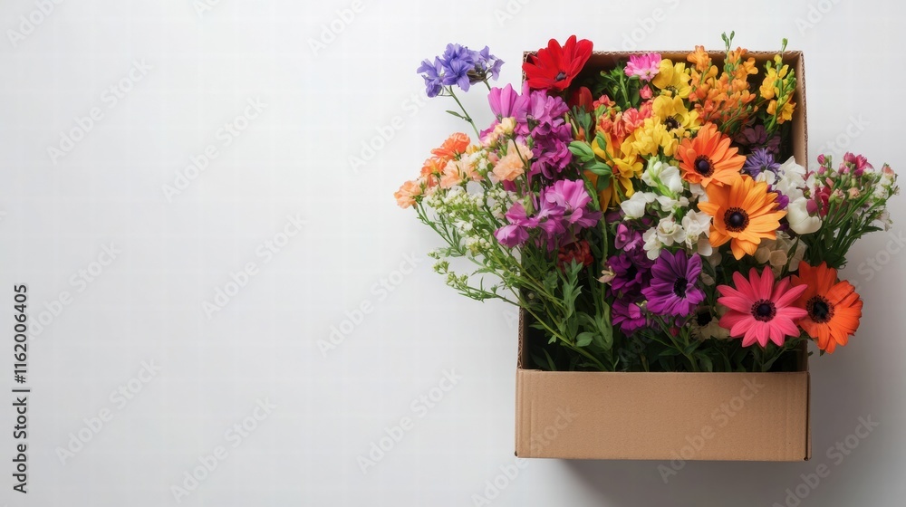 Aufkleber vibrant fresh flowers in a cardboard delivery box with space for text and a clean background. genera