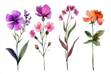 Watercolor floral collection purple, pink, orange flowers & greenery.