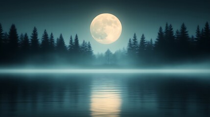 Fototapeta premium Serene Nighttime Lake Scene With Full Moon And Misty Forest