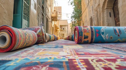 Colorful carpet rolls and oriental rugs displayed in Aswan streets. AI generated illustration