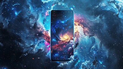portable charging cover with a space-themed design, surrounded by galaxies and stars in a deep space background.