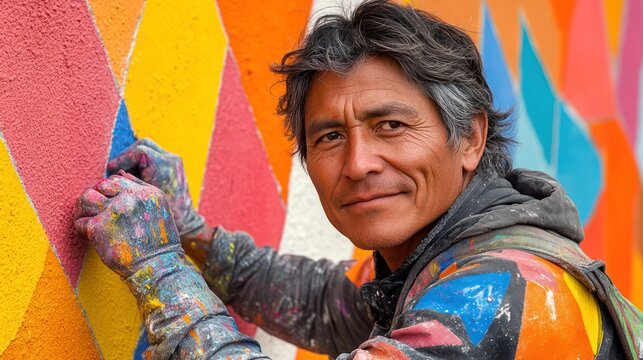 A middle-aged male artist paints a vibrant geometric mural.