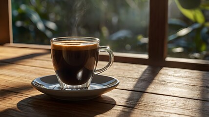 Obraz premium A close-up of a steaming espresso cup paired with a glass of cold water on a rustic wooden table, bathed in soft morning sunlight with a blurred background of greenery,Generative Ai 