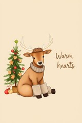 Reindeer with warm expression beside Christmas tree