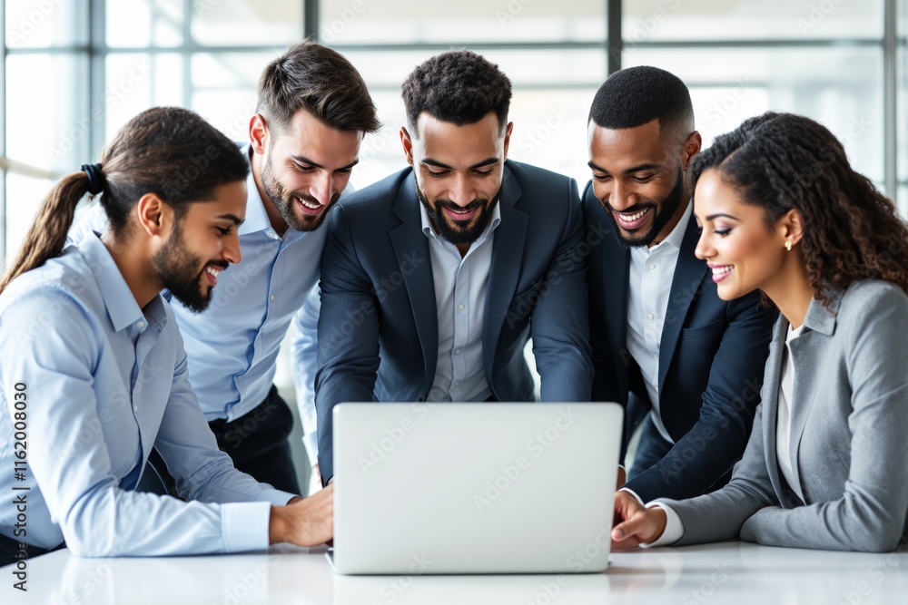 Poster group of business professionals collaborating around a laptop in a modern office setting, showcasing