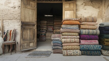 Vibrant woolen carpets and blankets at the entrance of a Moroccan store. AI generated illustration
