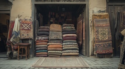 Vibrant woolen carpets and blankets at the entrance of a Moroccan store. AI generated illustration