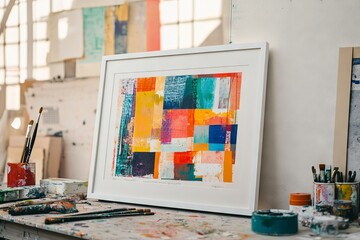 Framed patchwork collage artwork displayed on a table and wall with painting tools. AI generated illustration