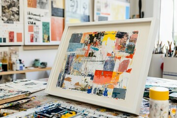 Framed patchwork collage artwork displayed on a table and wall with painting tools. AI generated illustration