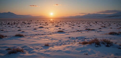 Frozen Tundra Under the Midnight Sun
"A vast frozen tundra bathed in the golden glow of the midnight sun. The snow-covered ground stretches endlessly, dotted with small patches of hardy vegetation. 
