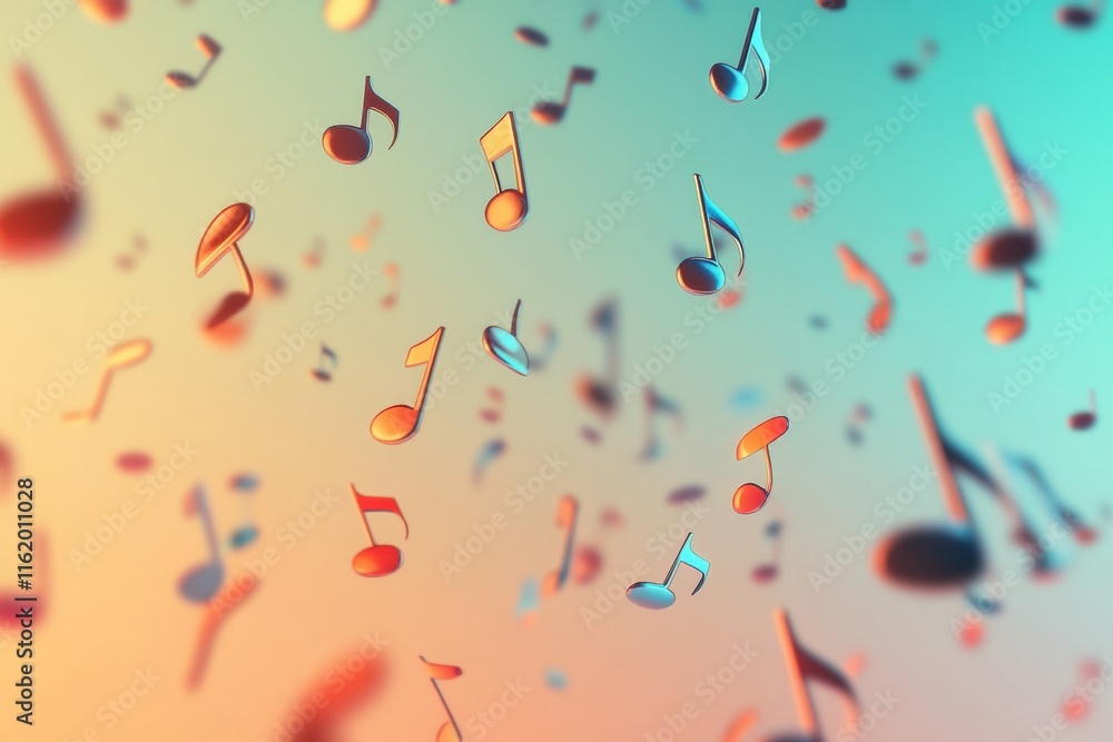 Poster Colorful 3D music notes floating in a dreamy atmosphere with soft pastel background at an abstract creative setting. Generative AI