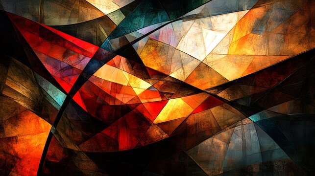 Curved lines of color intersecting with sharp, jagged angles to form a visually compelling and dynamic design