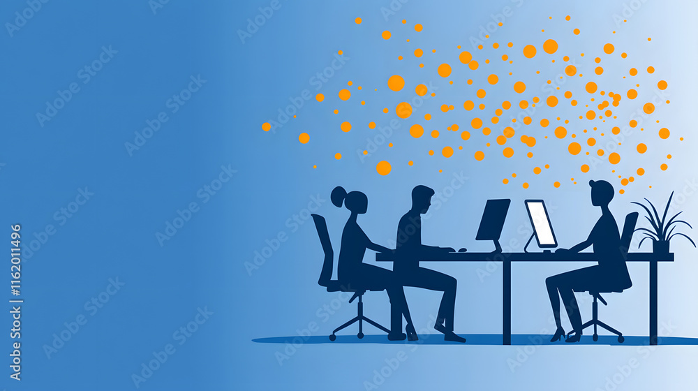 Poster silhouettes of three professionals collaborating at a desk with ideas represented by colorful dots a