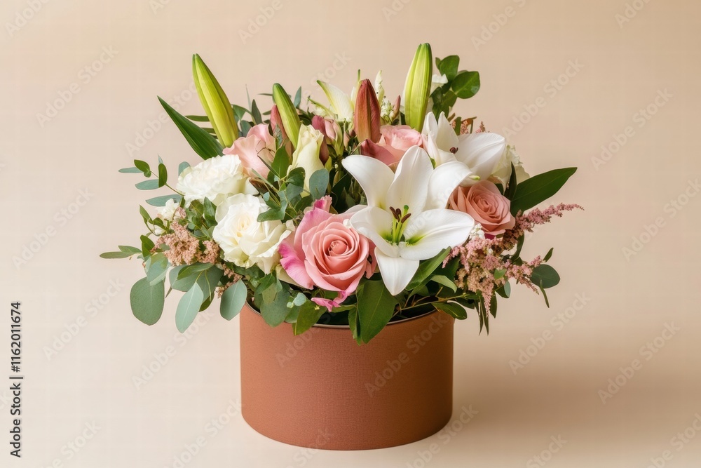 Poster fresh floral arrangement in a mocha mousse delivery box with ample copy space for creative text use.