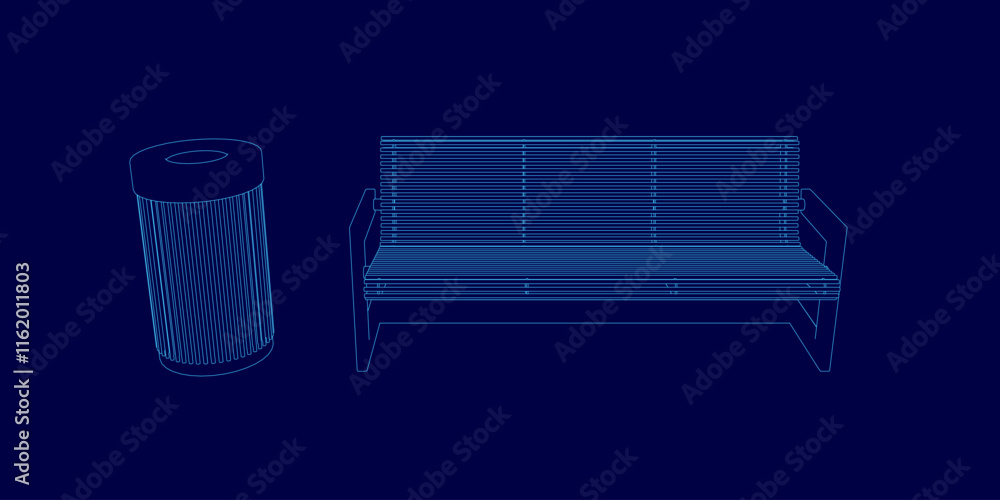 Poster blue image of a bench and trash can. the bench is shown in a blue and white color scheme, and the tr