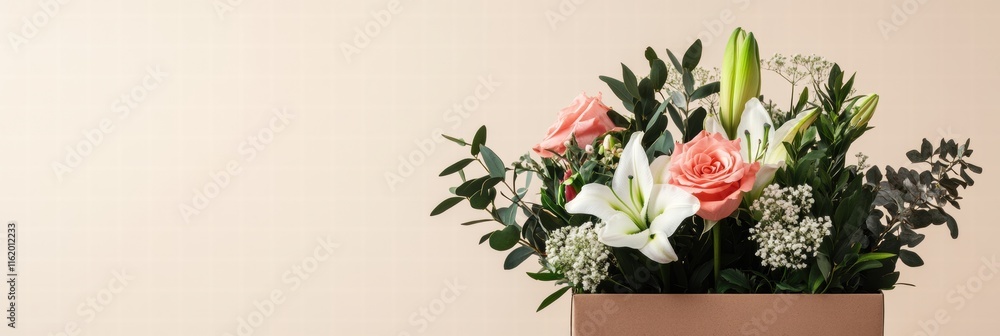 Poster delivery box with vibrant fresh flowers in warm mocha mousse tone, perfect for any occasion and read