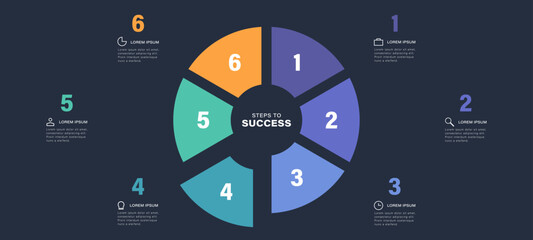 Pie charts diagrams infographic design template. 6 steps, parts or options