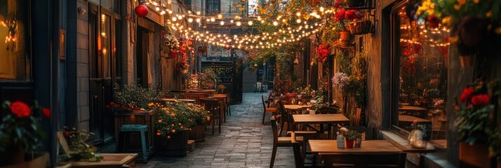 Romantic Evening Alleyway Dining Scene With String Lights