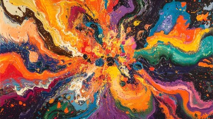 A dynamic flow of colors meeting at the center forming swirling patterns of paint in vivid shades