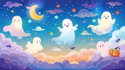 Cute ghosts floating in a night sky with clouds, stars, moon, and bats.