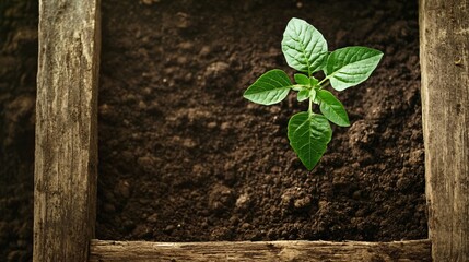 Naklejka premium A single tomatillo plant growing in rich soil, framed by a weathered wooden trellis and climbing vines