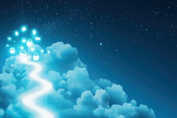 Naklejka premium Illuminated path to success dreamy sky digital illustration serene atmosphere enigmatic viewpoint symbolizing bright futures