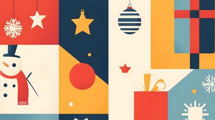 Fototapeta premium Festive Geometric Christmas Design With Snowman And Gifts
