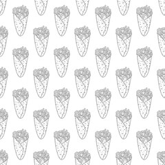 Kebab Illustration Pattern. shawarma pattern background. burrito pattern background. Rolled Sandwich doodle illustration