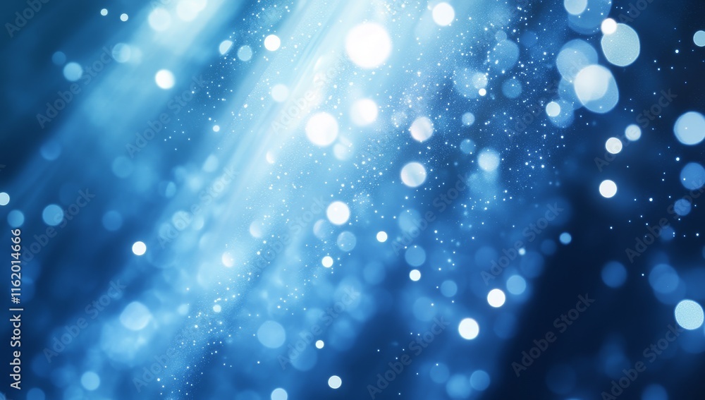 Poster abstract blue bokeh background with light streaks and glowing particles.