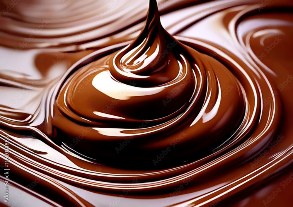 Poster close up of chocolate syrup flowing on white background with some smooth lines