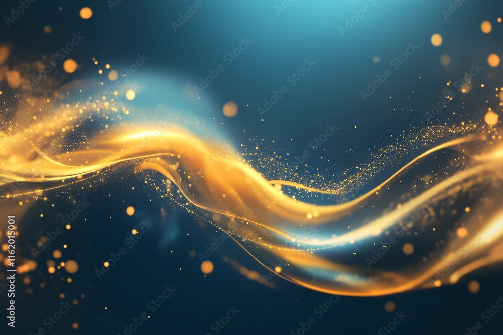 Poster abstract gold wave with glowing particles on dark blue background.