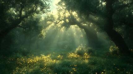 Obraz premium Sunbeams Illuminate Mystical Forest Meadow With Yellow Flowers
