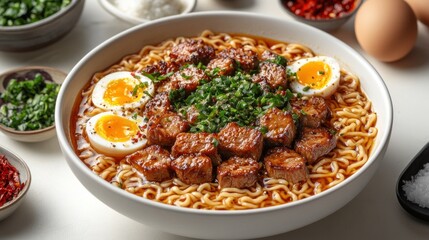 Fototapeta premium Delicious beef ramen noodles with soft boiled eggs in a white bowl.