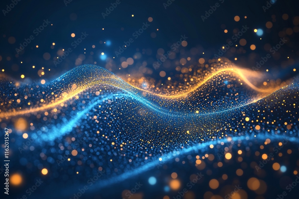Poster abstract blue and gold particle wave background.