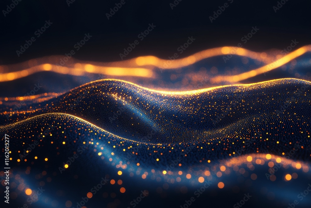 Poster abstract glowing particle wave landscape.