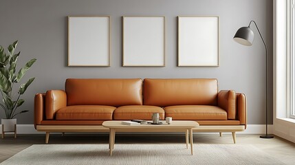 Modern living room with orange leather sofa, wooden coffee table, three blank frames, and floor lamp.