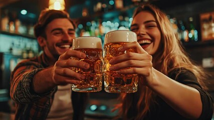 A joyful moment of friends toasting with beers in a lively bar.