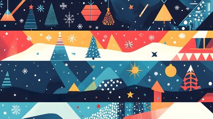 Abstract Winter Holiday Geometric Design Featuring Trees and Snowflakes